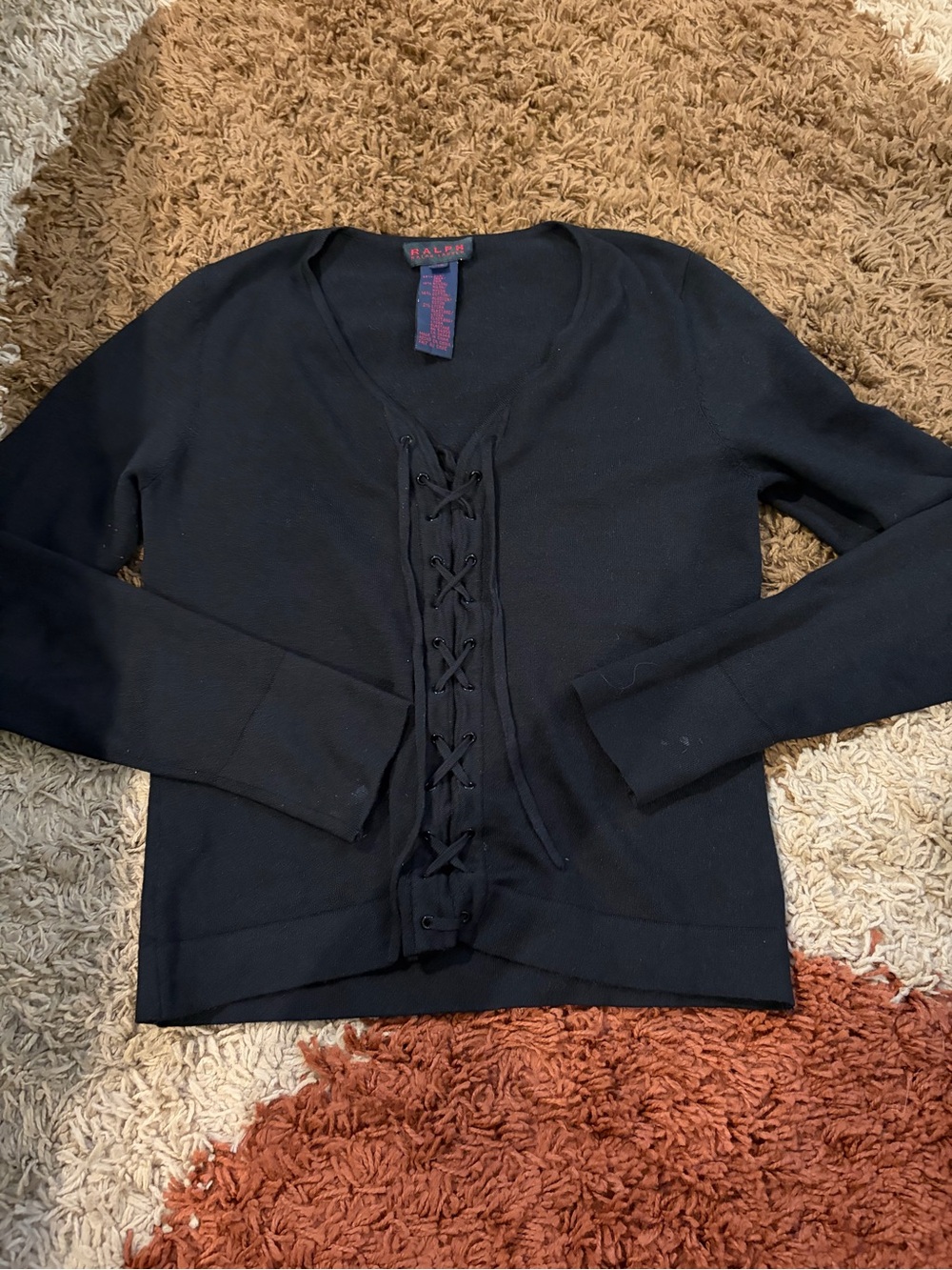 Ralph Lauren Black Lace-Up V-Neck Knit Sweater
